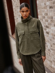 Khaki Green Soft Corduroy Funnel Overhead Shacket - Image 2 of 5