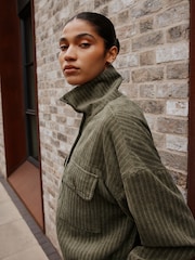 Khaki Green Soft Corduroy Funnel Overhead Shacket - Image 5 of 5