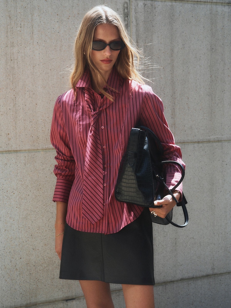 Burgundy/Pink Stripe Long Sleeve Shirt with Removable Tie - Image 1 of 4