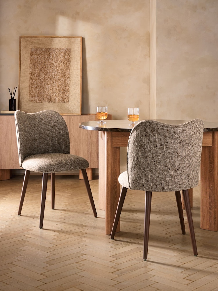 Set of 2 Tailored Boucle Weave Dark Natural Very Dark Wood Nomad Dining Chairs - Image 1 of 8 Set of 2 Tailored Boucle Weave Dark Natural Very Dark Wood Nomad Dining Chairs - Image 1 of 8
