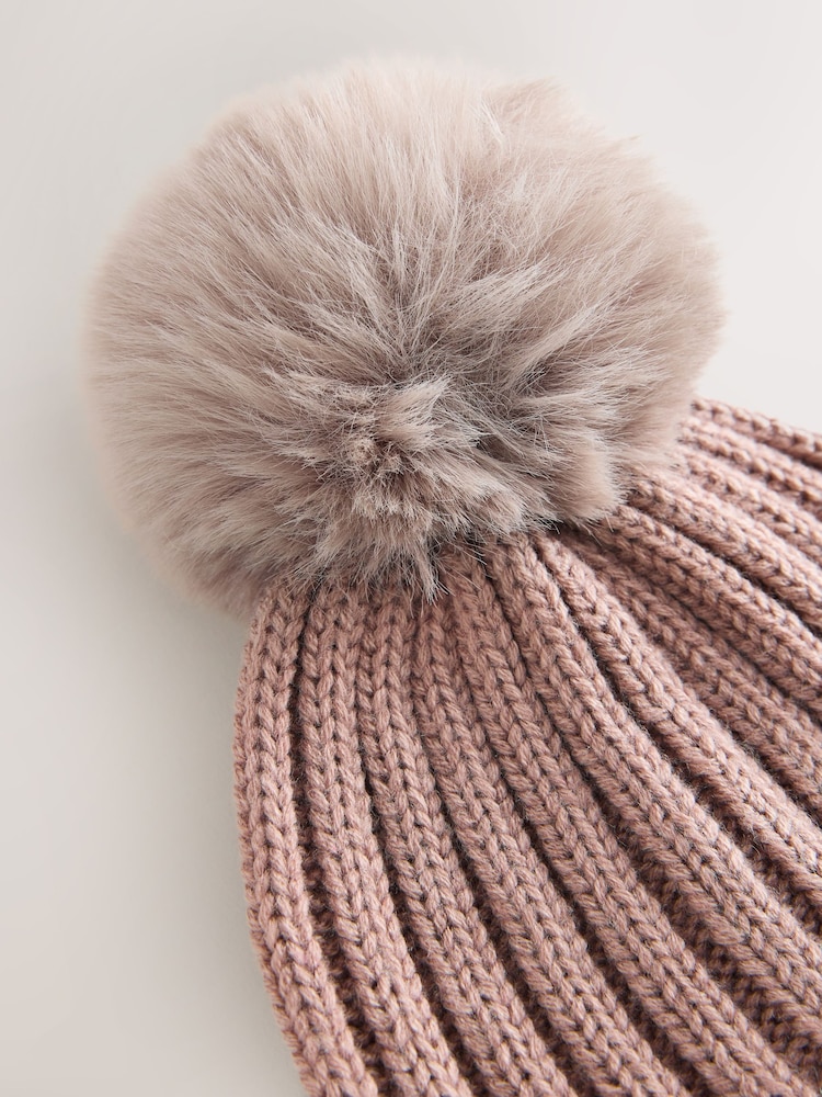 Mink Brown Rib Pom Beanie (3mths-16yrs) - Image 2 of 3 Mink Brown Rib Pom Beanie (3mths-16yrs) - Image 2 of 3