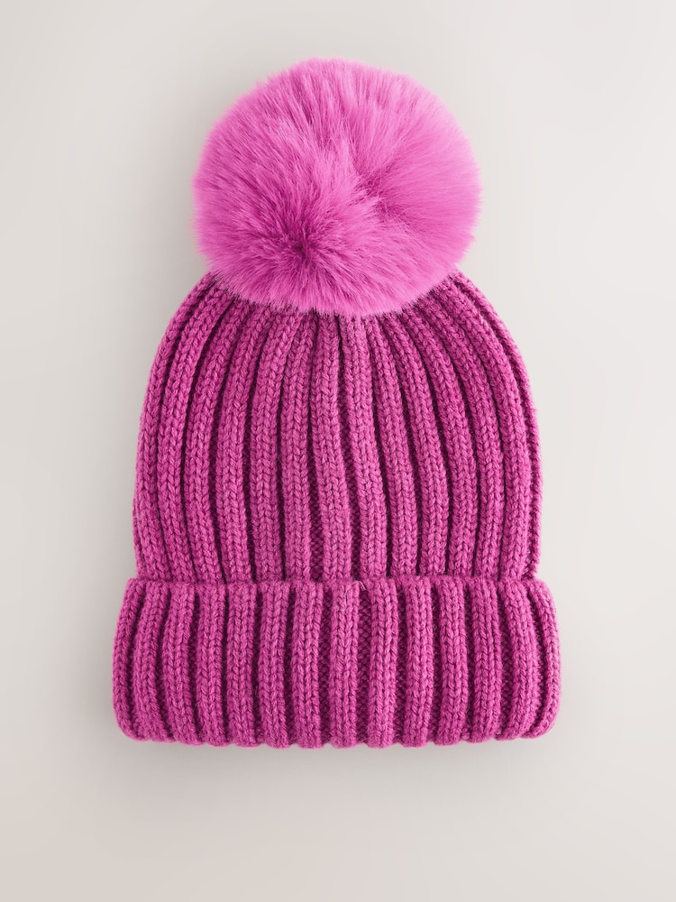 Bright Pink Rib Pom Beanie (3mths-16yrs) - Image 1 of 3 Bright Pink Rib Pom Beanie (3mths-16yrs) - Image 1 of 3