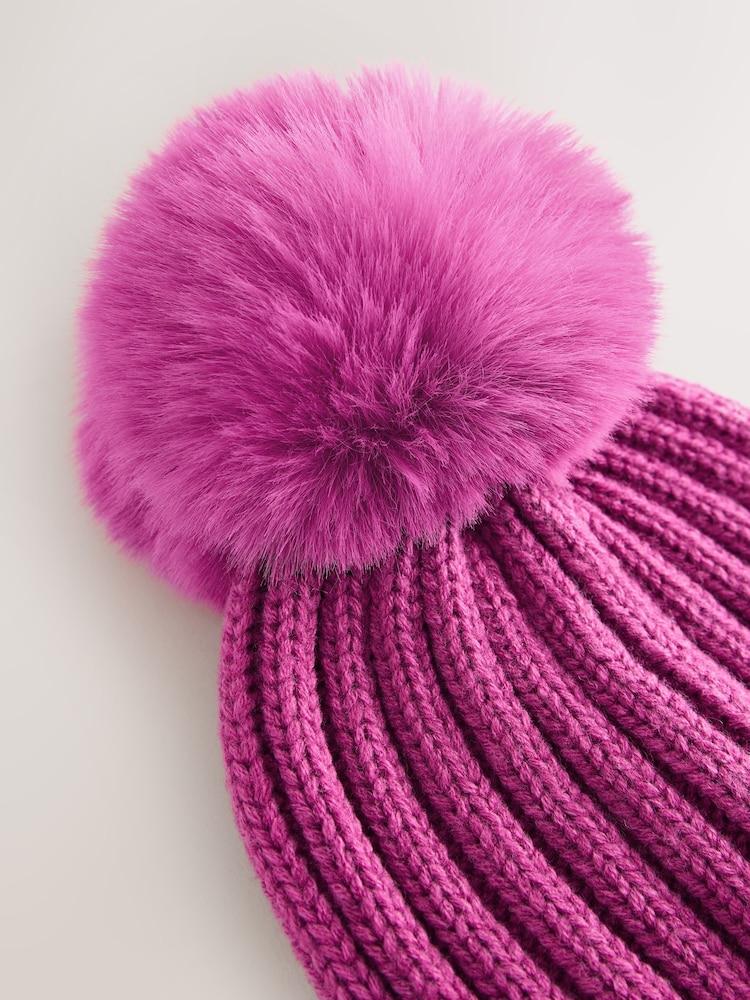 Bright Pink Rib Pom Beanie (3mths-16yrs) - Image 2 of 3 Bright Pink Rib Pom Beanie (3mths-16yrs) - Image 2 of 3