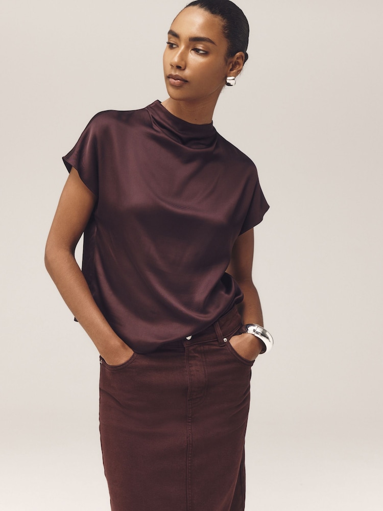 Wine Satin Short Sleeve Top - Image 1 of 7