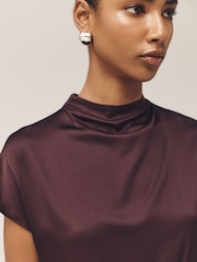 Wine Satin Short Sleeve Top - Image 4 of 7