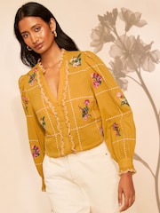 土黃色 - Love & Roses Floral Embroidered Notch Neck Blouse - 圖片 1/5