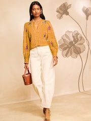 土黃色 - Love & Roses Floral Embroidered Notch Neck Blouse - 圖片 3/5