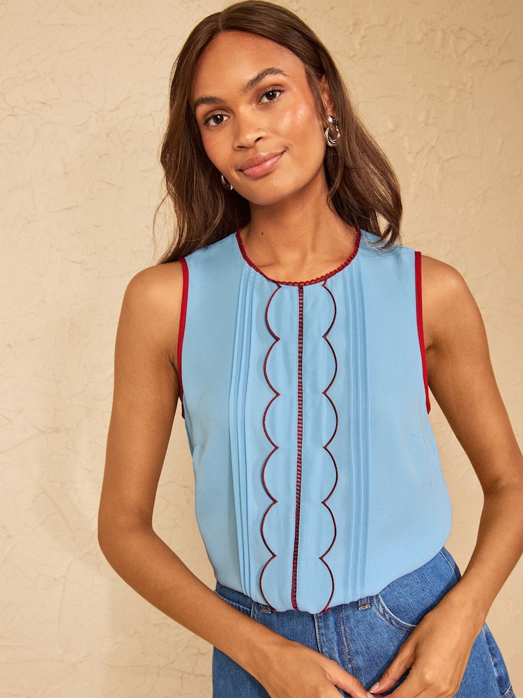Love & Roses Blue Sleeveless Scallop Detail Blouse - Image 1 of 4