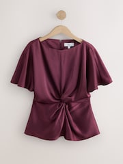 Вино - Textured Satin Short Sleeve Twist Front Top - Image 1 of 3