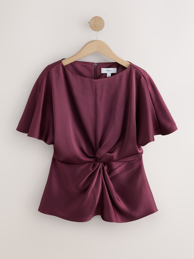 Вино - Textured Satin Short Sleeve Twist Front Top - Image 1 of 3