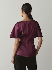 Wine Textured Satin Short Sleeve Twist Front Top - Image 4 of 7