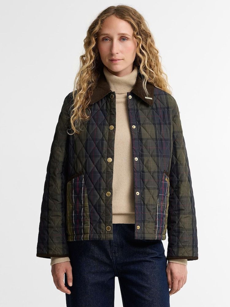 Barbour® Blue Tartan Reimagined Icons Tartan Cropped Liddesdale Quilted Jacket - Image 1 of 5