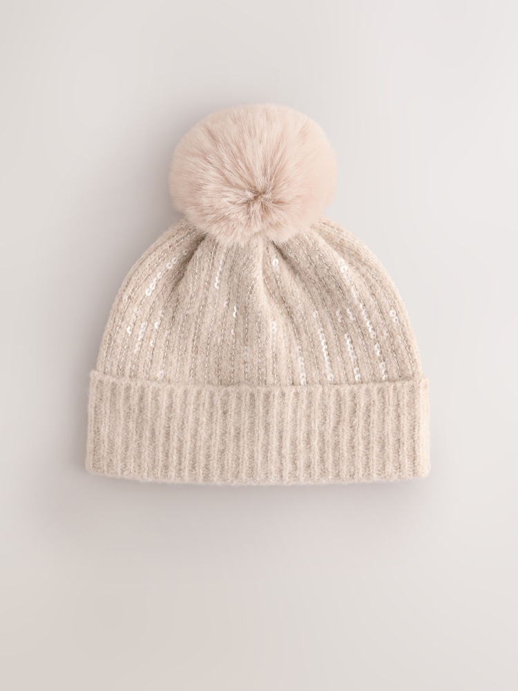 Mink Sequin Pom Beanie Hat (3mths-16yrs) - Image 1 of 3 Mink Sequin Pom Beanie Hat (3mths-16yrs) - Image 1 of 3