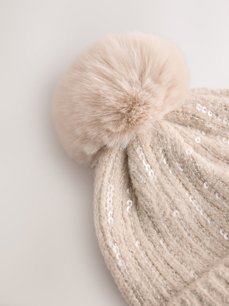 Mink Sequin Pom Beanie Hat (3mths-16yrs) - Image 2 of 3 Mink Sequin Pom Beanie Hat (3mths-16yrs) - Image 2 of 3