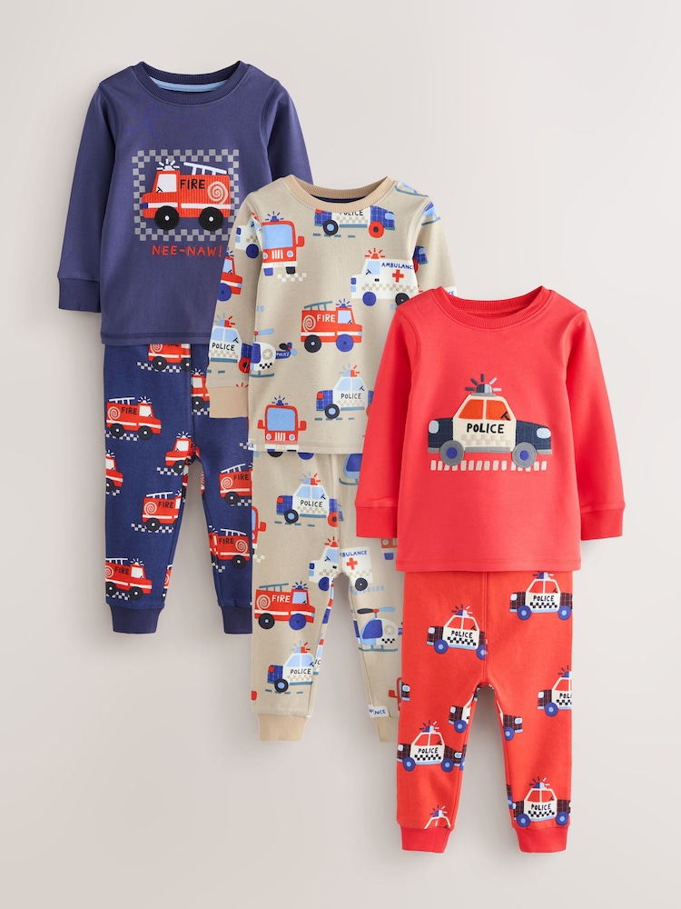 Red/Blue Emergency Vehicles Snuggle Pyjamas 3 Pack (9mths-10yrs) - Image 1 of 7