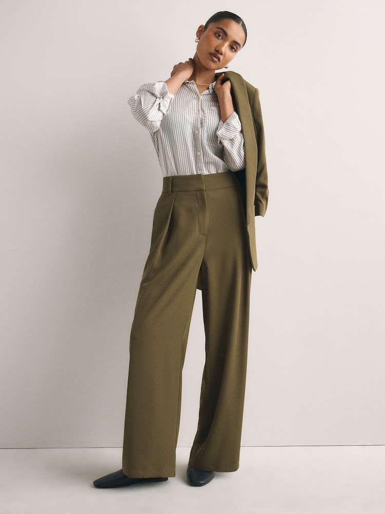 Olive Green Elastic Back Wide Leg Trousers - Image 1 of 7 Olive Green Elastic Back Wide Leg Trousers - Image 1 of 7