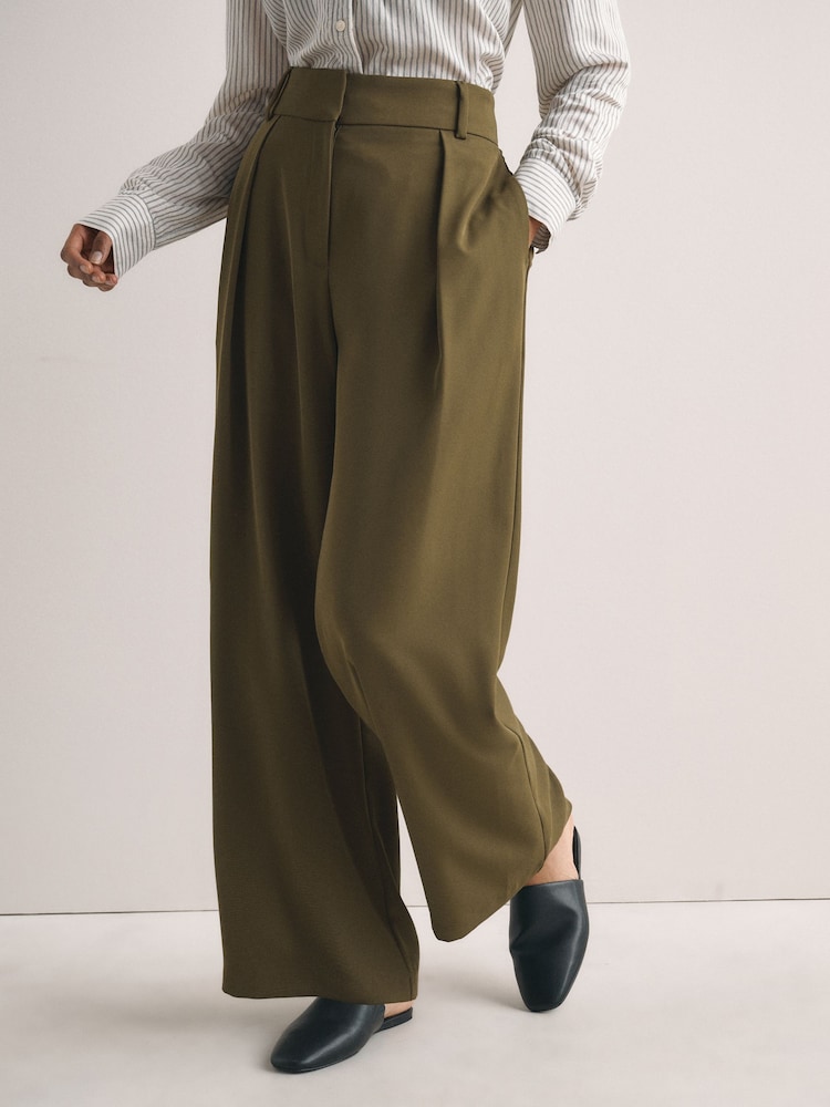 Olive Green Elastic Back Wide Leg Trousers - Image 2 of 7 Olive Green Elastic Back Wide Leg Trousers - Image 2 of 7