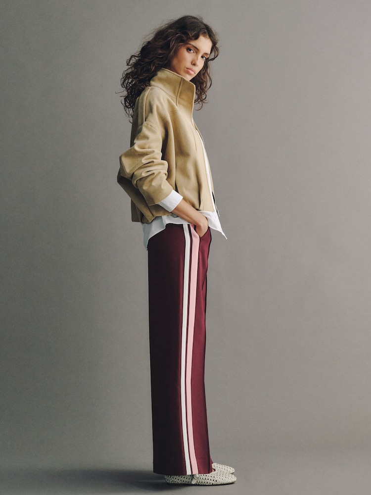 Burgundy Red Side Stripe Tailored Wide Leg Trousers - Image 1 of 7 Burgundy Red Side Stripe Tailored Wide Leg Trousers - Image 1 of 7