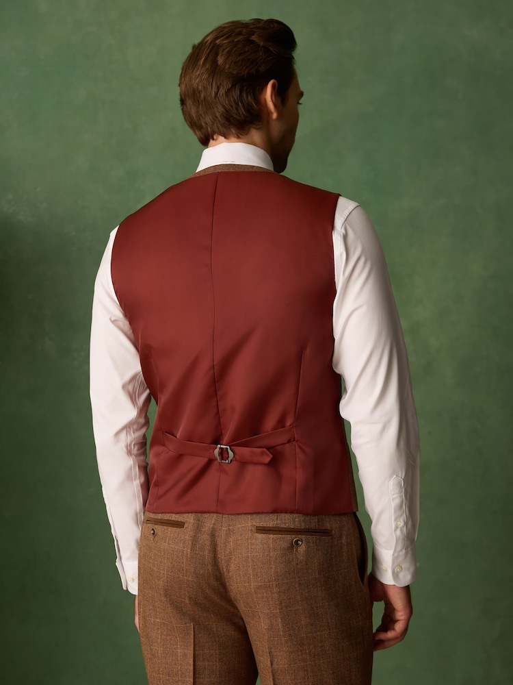 Rust Brown N. Premium Tailored Fit Wool Blend Trimmed Check Suit Waistcoat - Image 2 of 5