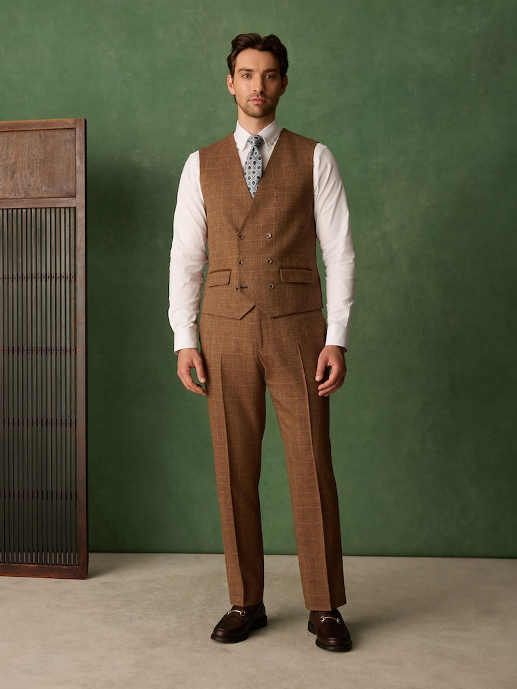 Rust Brown N. Premium Tailored Fit Wool Blend Trimmed Check Suit Waistcoat - Image 5 of 5