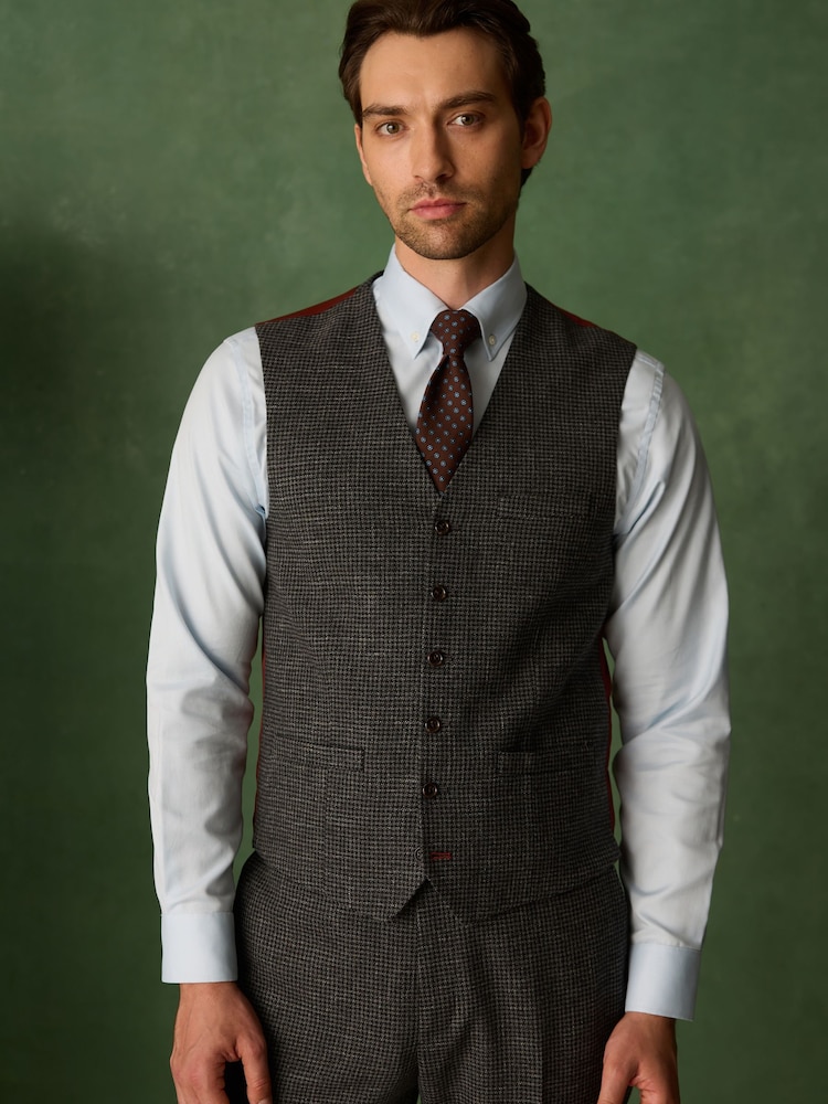 رمادي رمادي داكن - Tailored Fit Trimmed Dogtooth Wool Blend Suit Waistcoat - Image 1 of 9