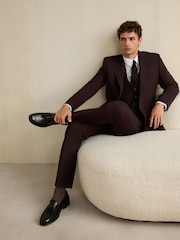 Burgundy Red Slim Fit Wool Blend Flannel Suit Waistcoat - Image 3 of 5