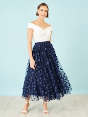 Yumi Blue Mesh Floral Appliqué Midi Skirt - Image 1 of 5