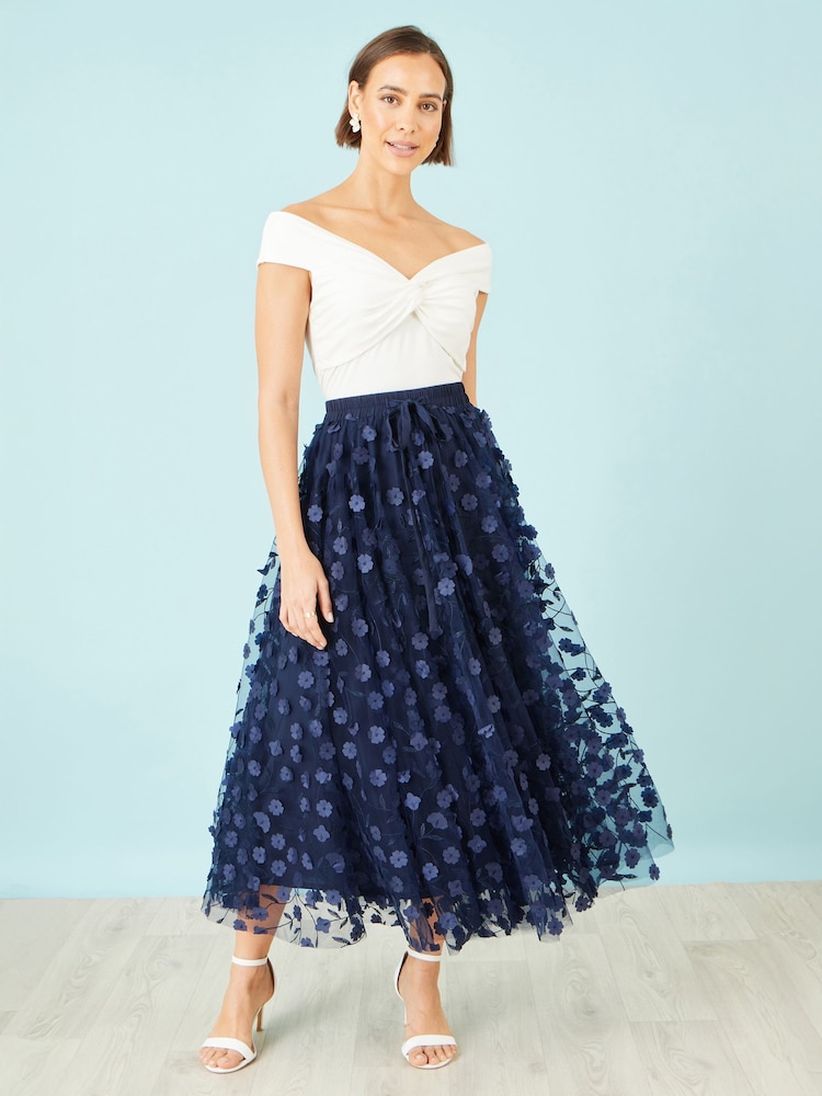Yumi Blue Mesh Floral Appliqué Midi Skirt - Image 1 of 5