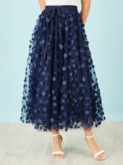 Yumi Blue Mesh Floral Appliqué Midi Skirt - Image 2 of 5