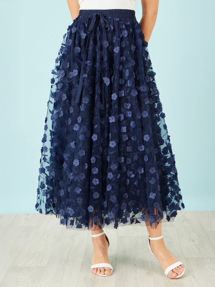 Yumi Blue Mesh Floral Appliqué Midi Skirt - Image 2 of 5