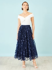 Yumi Blue Mesh Floral Appliqué Midi Skirt - Image 3 of 5