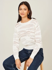 Yumi White Wave Pointelle Knitted Jumper - Image 1 of 5