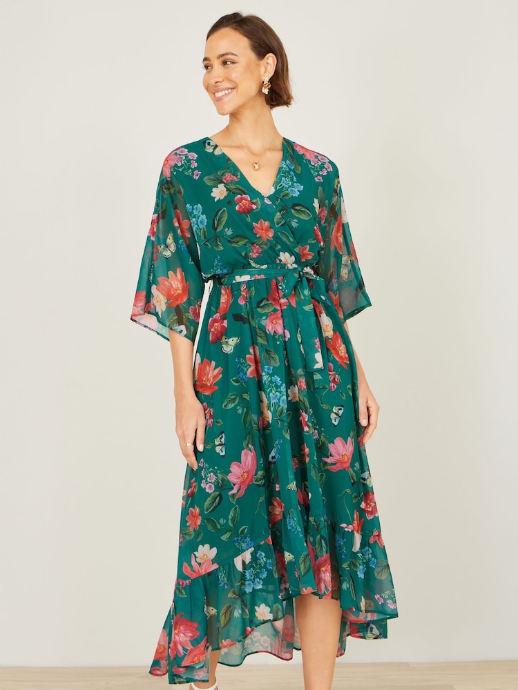 Yumi Green Floral Kimono Wrap Dress With Dip Hem - Image 1 of 5