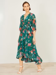 Yumi Green Floral Kimono Wrap Dress With Dip Hem - Image 2 of 5