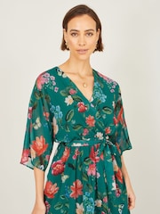 Yumi Green Floral Kimono Wrap Dress With Dip Hem - Image 3 of 5