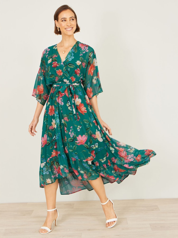 Yumi Women's Floral Dip Hem Kimono Wrap Dress - Green