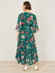 Yumi Green Floral Kimono Wrap Dress With Dip Hem - Image 5 of 5