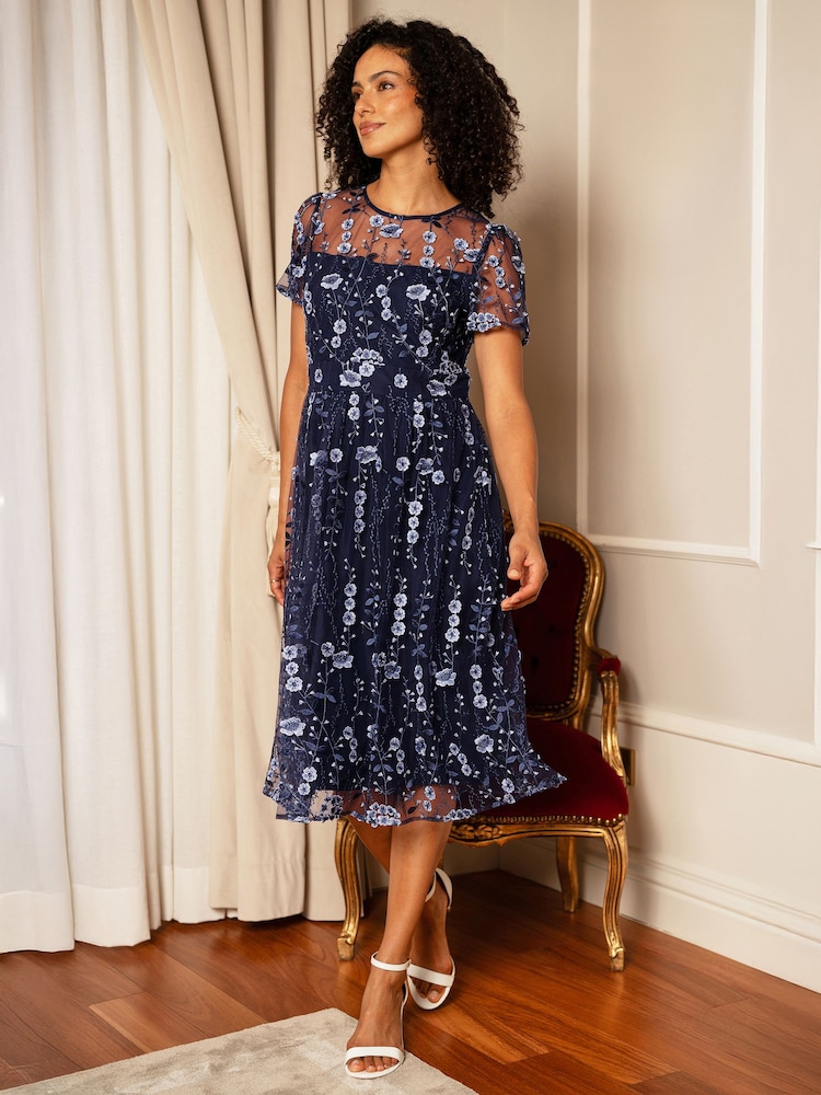 Yumi Blue Embroidered Mesh Midi Dress - Image 2 of 5