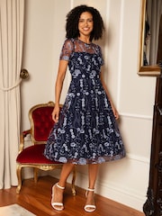 Yumi Blue Embroidered Mesh Midi Dress - Image 5 of 5