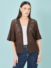 Yumi Brown Crochet Edge To Edge 3/4 Sleeve Cardigan - Image 1 of 5