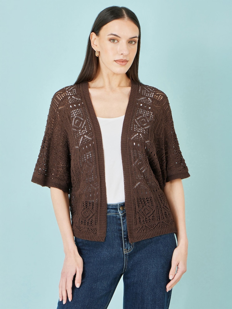 Yumi Brown Crochet Edge To Edge 3/4 Sleeve Cardigan - Image 1 of 5