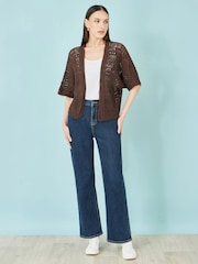 Yumi Brown Crochet Edge To Edge 3/4 Sleeve Cardigan - Image 2 of 5