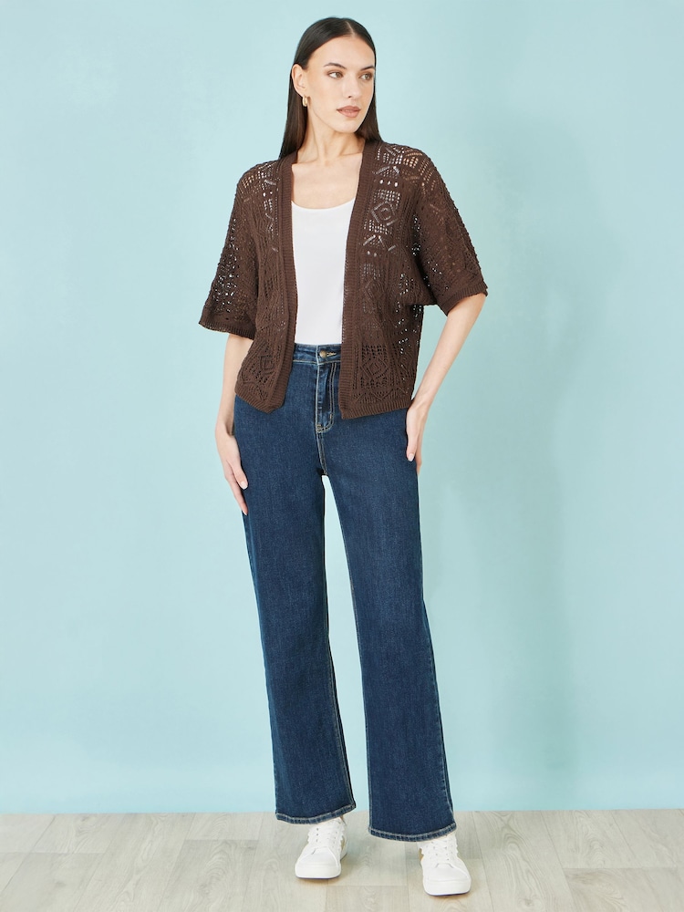 Yumi Brown Crochet Edge To Edge 3/4 Sleeve Cardigan - Image 2 of 5