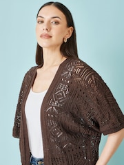 Yumi Brown Crochet Edge To Edge 3/4 Sleeve Cardigan - Image 3 of 5