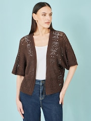 Yumi Brown Crochet Edge To Edge 3/4 Sleeve Cardigan - Image 4 of 5