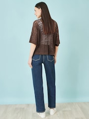 Yumi Brown Crochet Edge To Edge 3/4 Sleeve Cardigan - Image 5 of 5