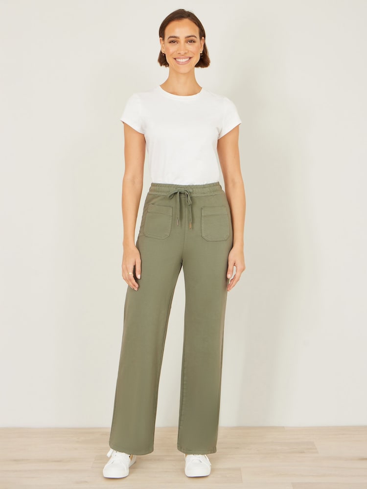 Yumi Green Relaxed Stretch Wide Leg Trousers With Pockets - Image 1 of 3