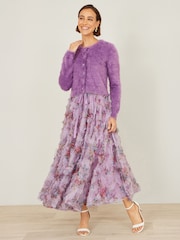 Yumi Purple Floral Ruffle Mesh Midi Skirt - Image 1 of 3