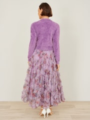 Yumi Purple Floral Ruffle Mesh Midi Skirt - Image 2 of 3