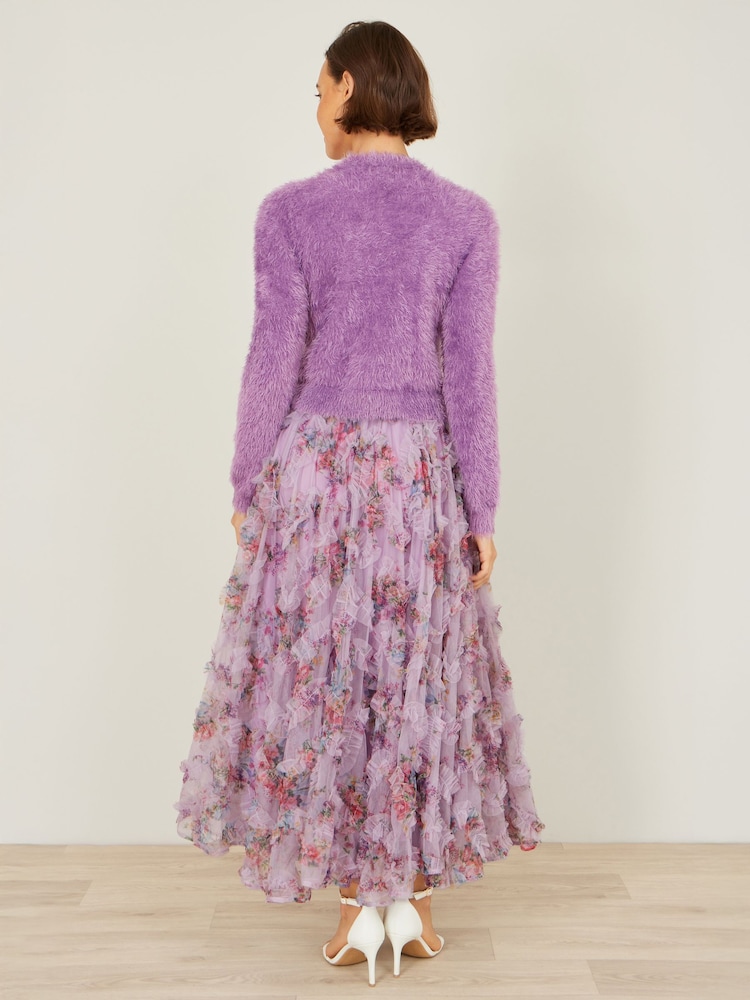 Yumi Purple Floral Ruffle Mesh Midi Skirt - Image 2 of 3 Yumi Purple Floral Ruffle Mesh Midi Skirt - Image 2 of 3